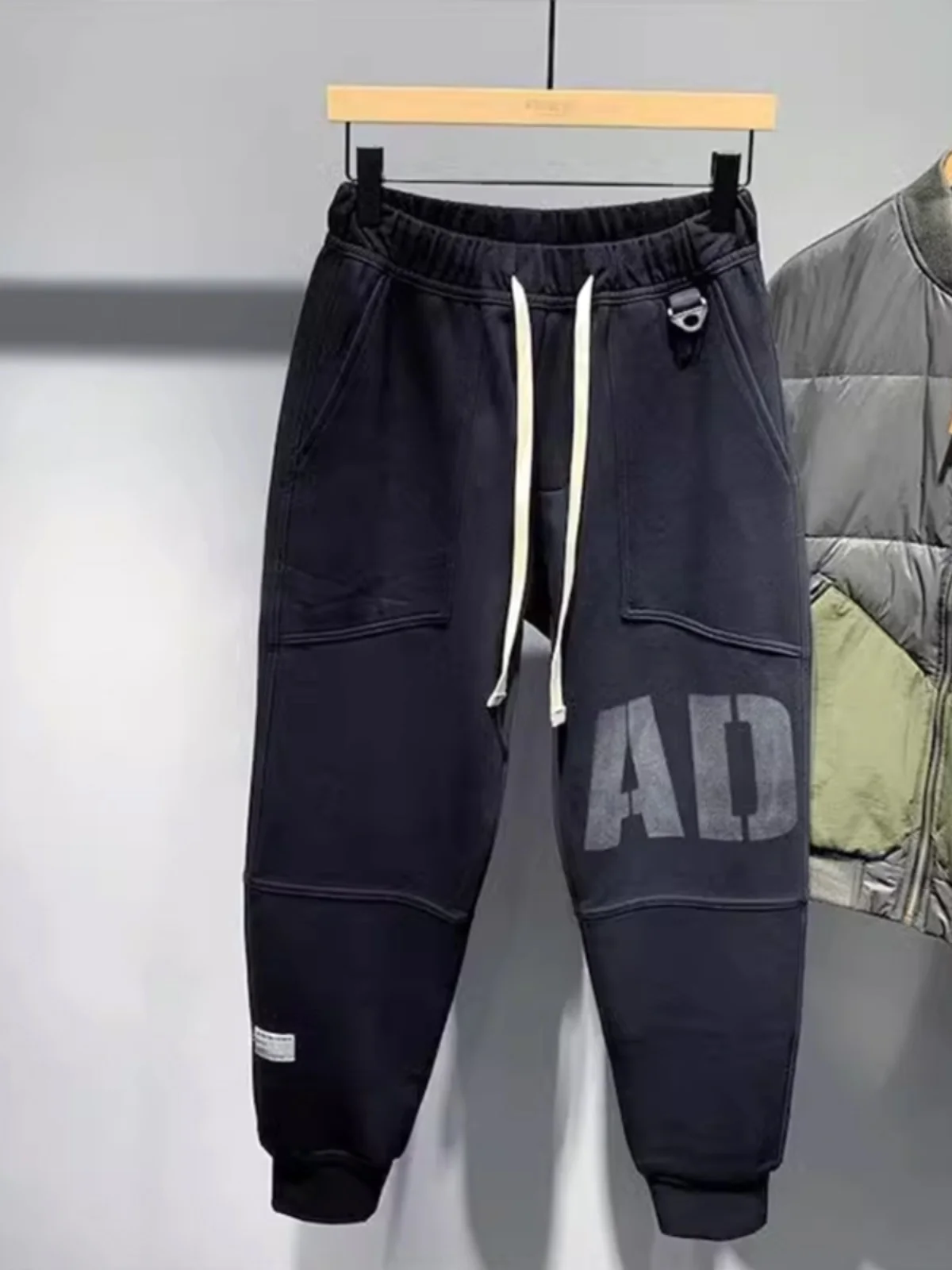 

Men's Thiened Fce Lined Casual Pants Wide Waist American Trendy Brand Letter Print Harlan Sle Winter Comfortable Trousers