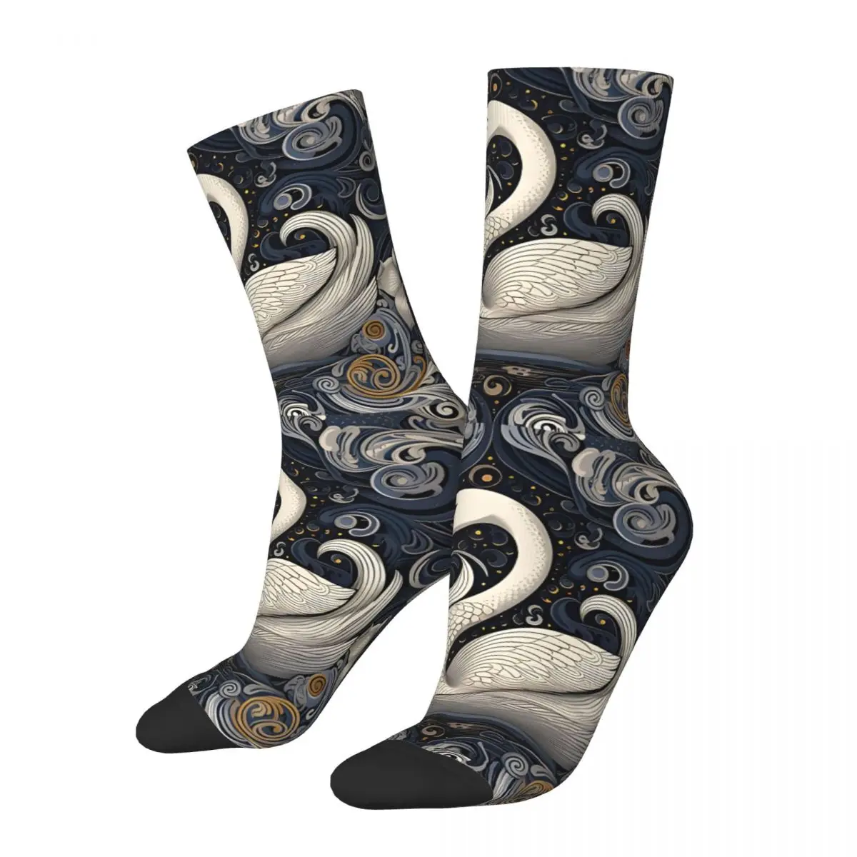 Crazy Sock for Men Serene Waves Majestic Swan In The Night Hip Hop Harajuku Happy Pattern Printed Boys Crew Sock Novelty Gift