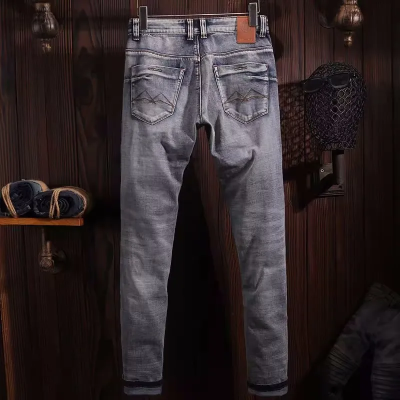 Newly Fashion Vintage Men Jeans Retro Blue Elastic Slim Trousers Hole Ripped Jeans Men Embroidery Designer Denim Pants Hombre