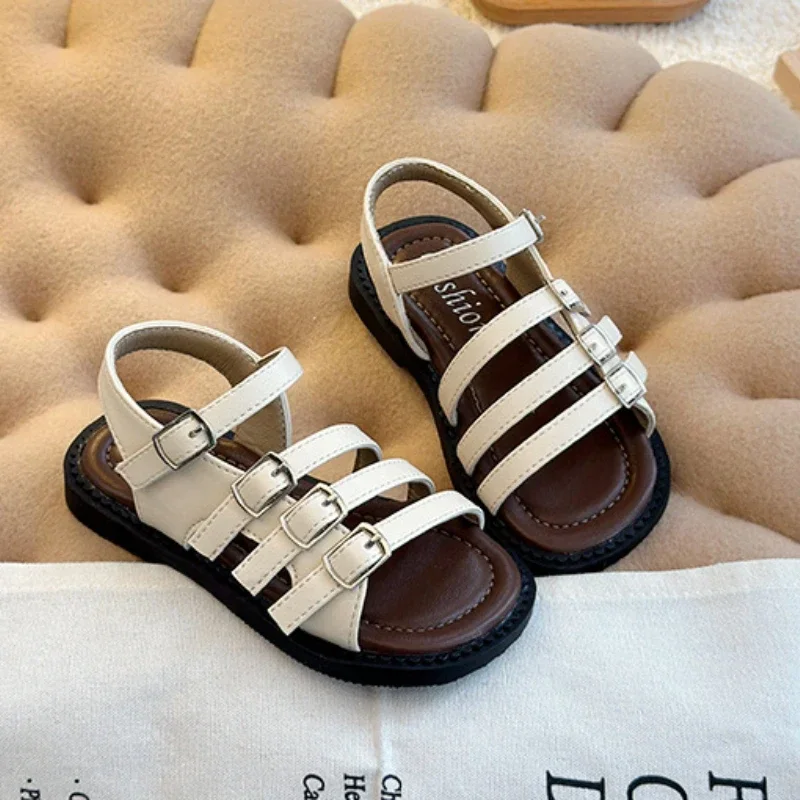 2025 Children Sandals for Girls Summer New Fashion Korean Style Soft Bottom Anti-slippery Versatile Cut-outs Roman Beach Shoes
