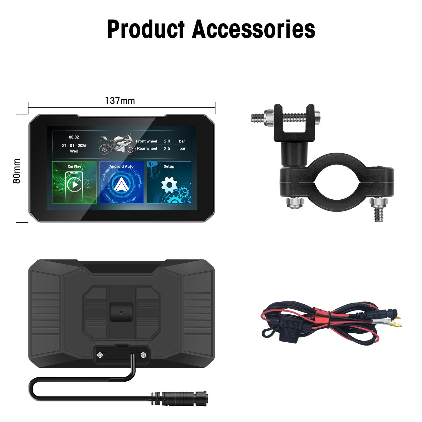 EzoneTronics Écran de moto 5 pouces, DVR moto, navigation GPS, CarPlay sans fil, Android Auto, étanc