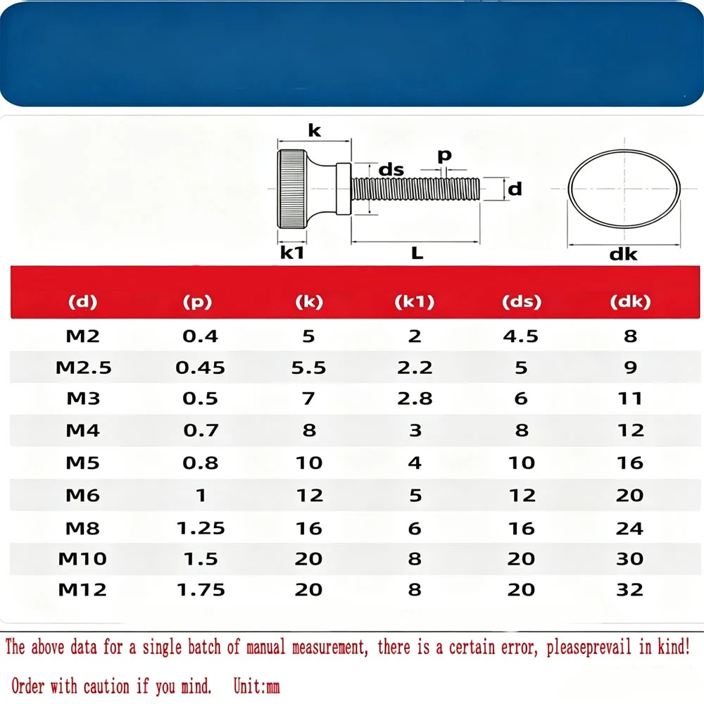 Knurled Hand‑Tighten Thumb Screw 304 Stainless Steel 1/2/5/10Pcs M2‑M6, Length 3‑35mm