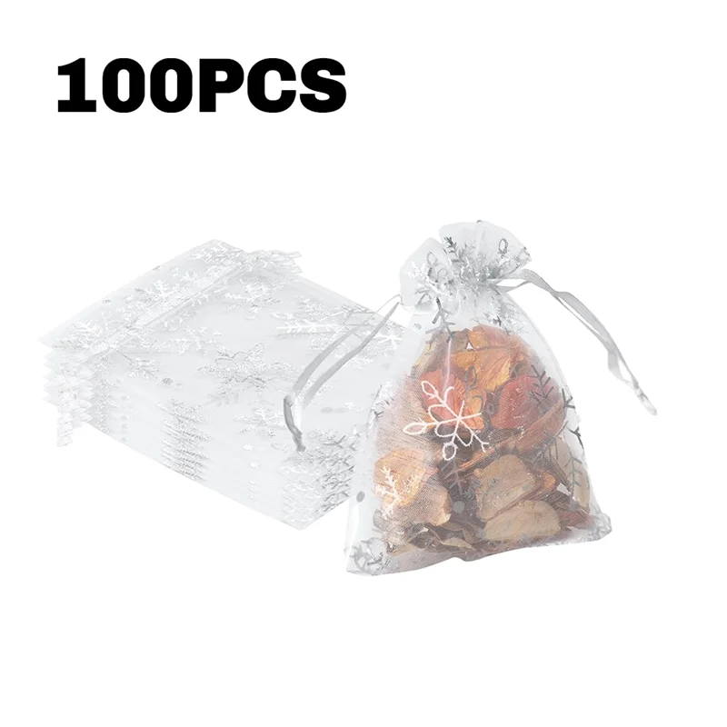 A45U 100PCS Snowflake Organza Bags Christmas 4X6 Inches Christmas Bags With Drawstring Mesh Bags For Christmas