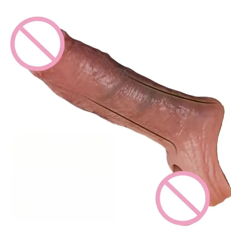 Realistic Silicone Penis Sleeve Cock Ring Lock Semen Masturbator Dick  Enlarger Reusable Condoms Adult Sex Toy for Couples 18+