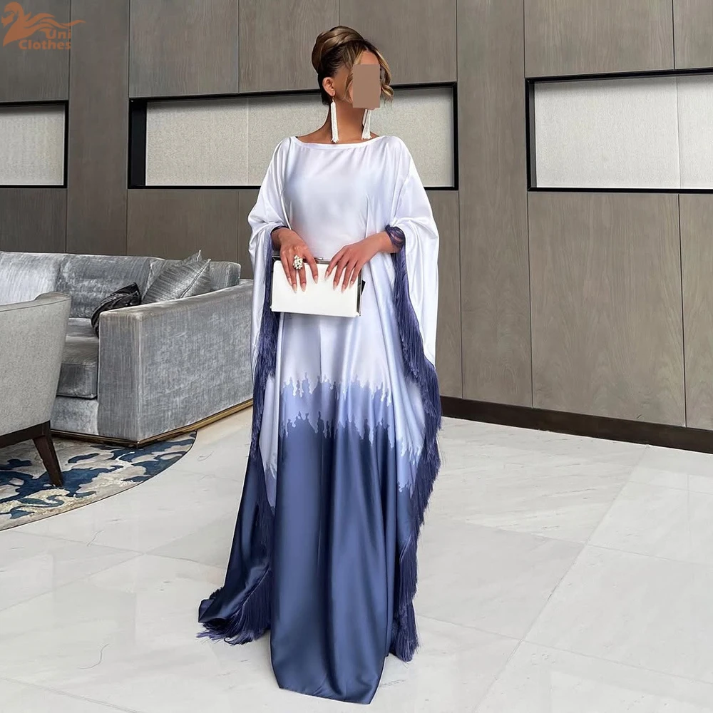 2025 New Ramadan Dubai Muslim Women\'s Abaya Dress Batwing Sleeve Tassel Gradient Print Elegant Modest Long Robe Evening Gala