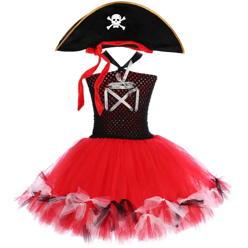 

Fluffy Black Red Pirate Costumes for Girls Halloween Christmas Princess Dresses for Kids New Year Carnival Party Outfit with Hat