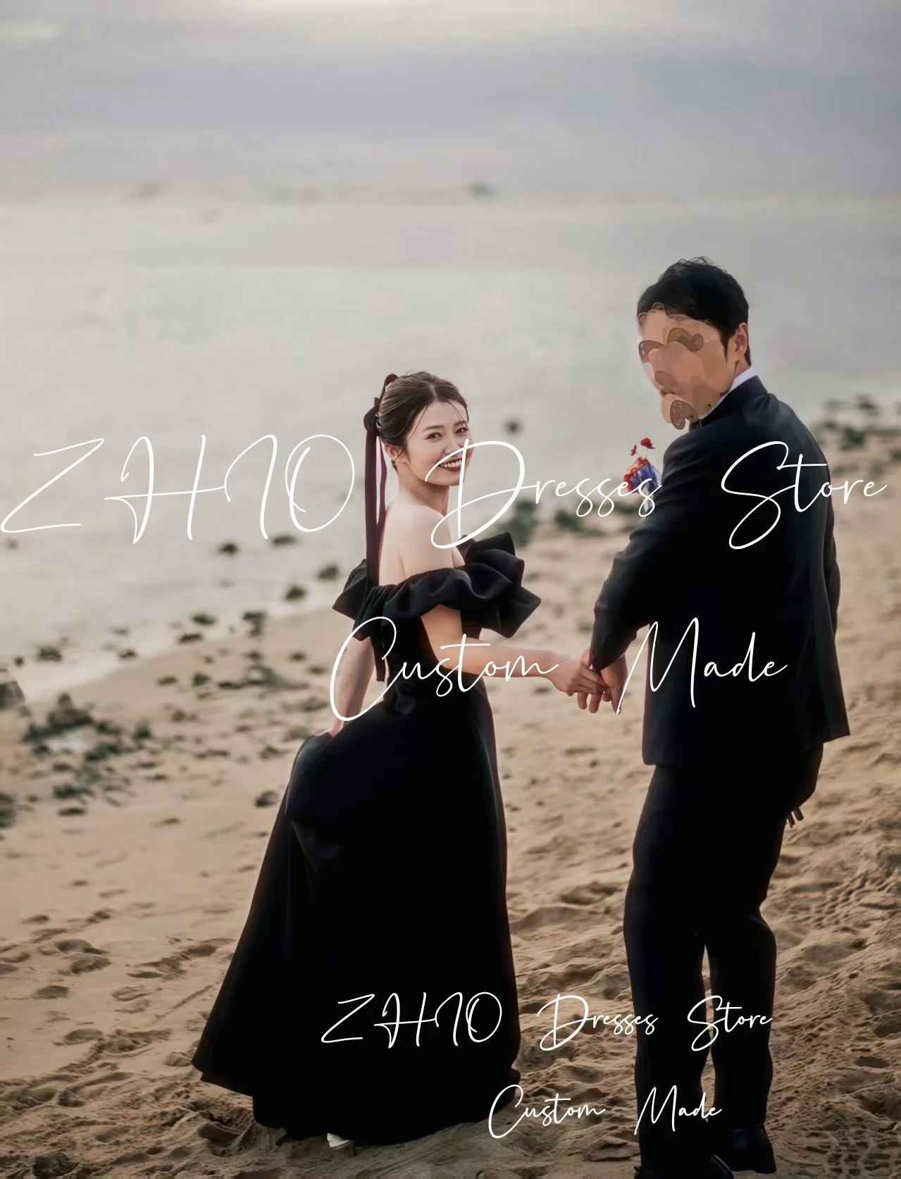 ZHIO Sweet Black Wedding Party Dress Off Shoulder Satin A-Line Korea Photo Shoot Bridal Reception Gown Customized 웨딩드레스