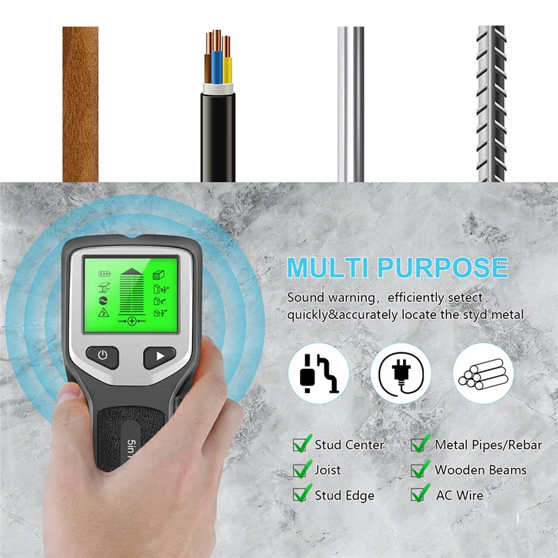 AB53 5-In-1 Studsเครื่องตรวจจับโลหะผนังเครื่องสแกนเนอร์ACไม้FinderสายไฟความลึกTrackerไฟฟ้ากล่องFinder Wallเครื่องตรวจจับReusabl