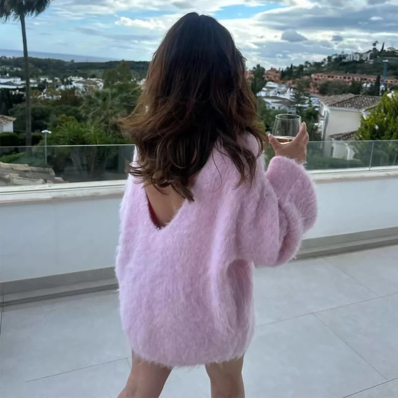 DGLUKE Pink Mohair Oversized Sweater For Women Backless Long Sleeve Fluffy Cozy Sweaters Pullover Autumn Winter Party Knitwear