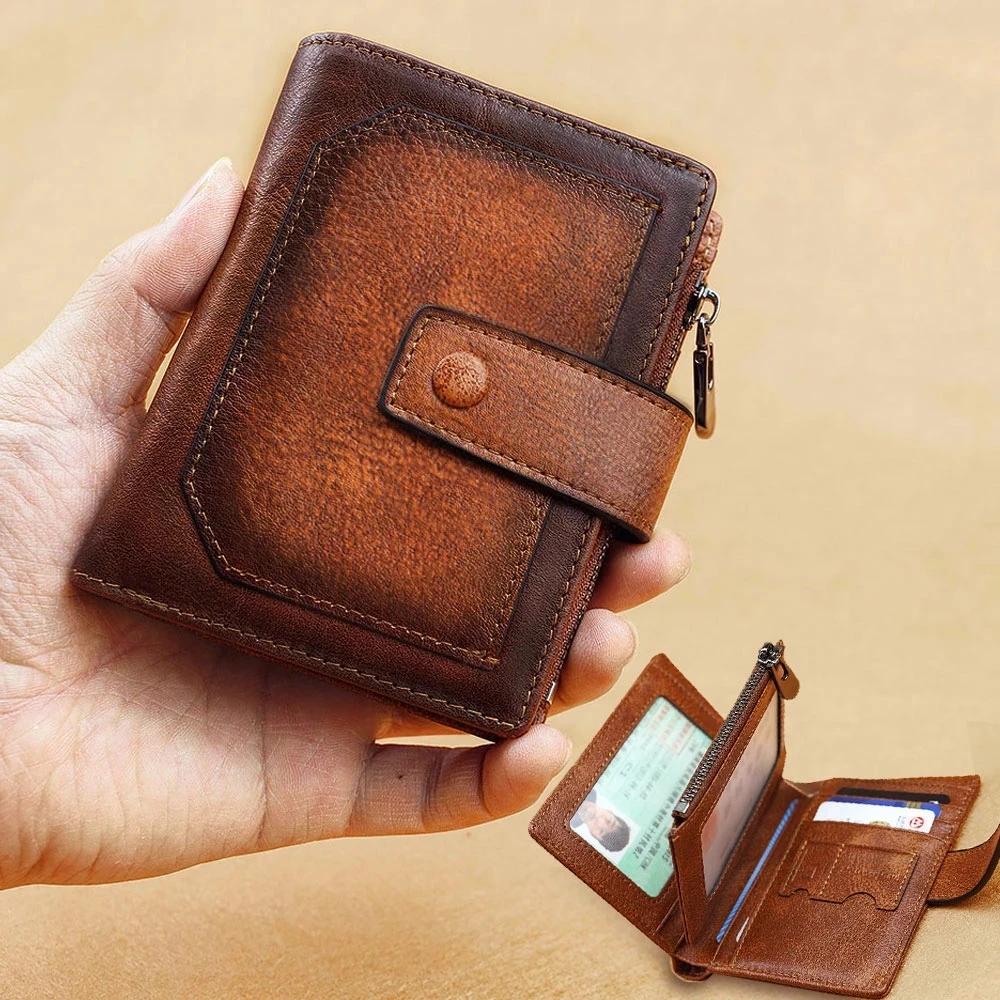 2024 ヴィンテージ財布男性用カードホルダー本革 RFID ブロッキング三つ折りショートマネークリップ大容量ジッパー小銭入れ