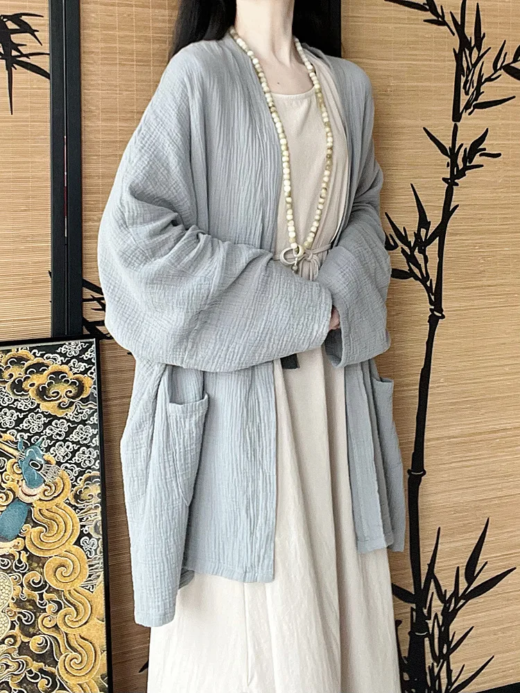 

Chinese style cardigan set with ramie sleeveless lace up dress and cotton yarn jacket for a cool and refreshing feeling