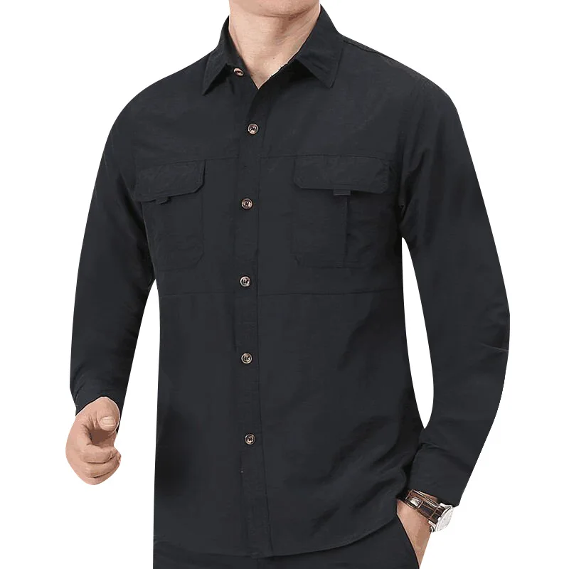 

Men's Black Long-sleeve Outdoor Shirt; Lightweight, Multi-pocket Shirts for Spring and Summer, Available in Gray, Green, Khaki.