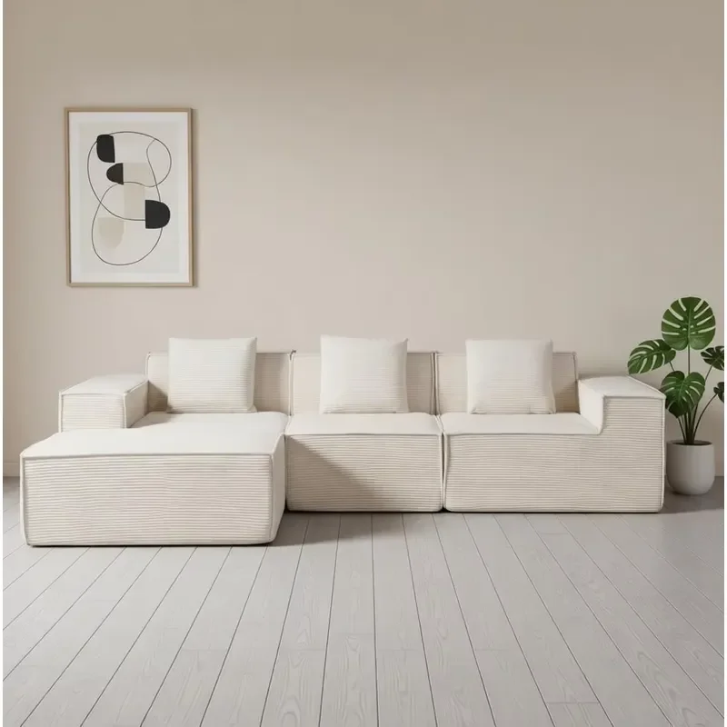 Modular Cloud Couch with Ottoman Compressed Sofa L Sectional Deep Seat Corduroy High-Back L-Shaped for Living Room No