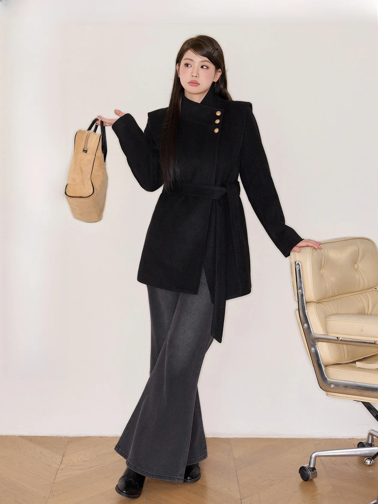 

Jixiu Studio "Ele plus Size" Bla Woolen Coat Large Size Outerwear for Plump Women Waist-Cinching Trendy Winter Jaet