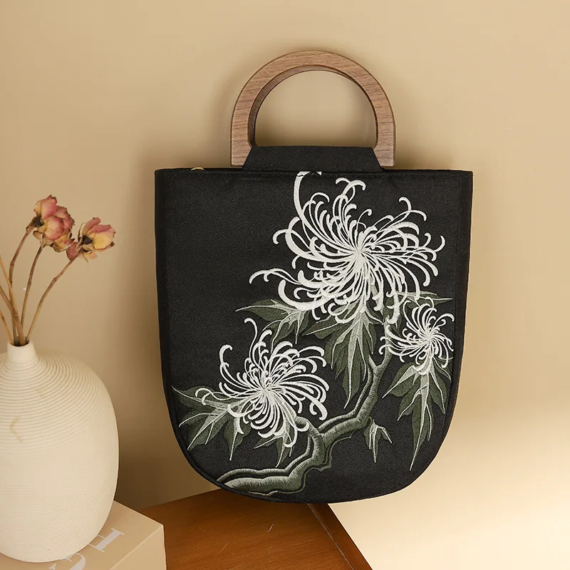 Women Floral Embroidery Fabric Wooden Handle Top-handle Tote Bag Vintage Retro Chic Chinese Style Evening Medium Size Handbag