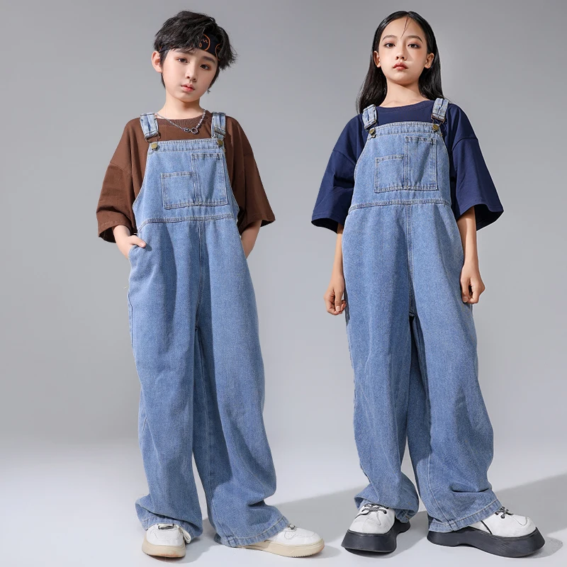 Boys Hip Hop Outfit Denim Overalls Girls Oversize Tshirt Kids Joggers Children Jumpsuit Street Dance Romper Teenage Clothes