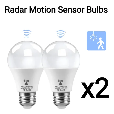 2PCS/Pack Smart E27 6500K Radar Motion Sensor LED Bulbs AC85V-265V Lamp Only Light Up at Night/Dark Energy-Saving