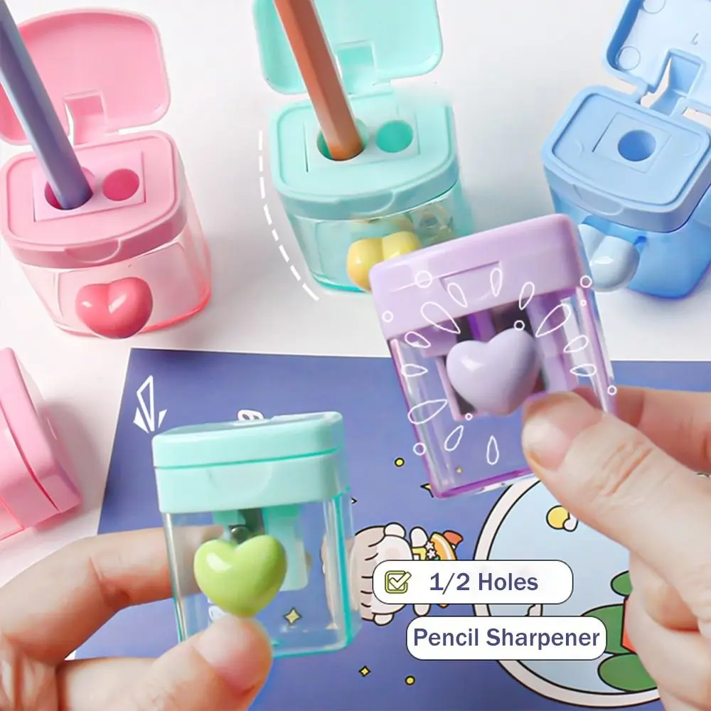 

Cute 1/2 Holes Pencil Sharping Tools Transparent With Cover Pencil Sharpener Drawing Writing Pencil Cutter School Supplies
