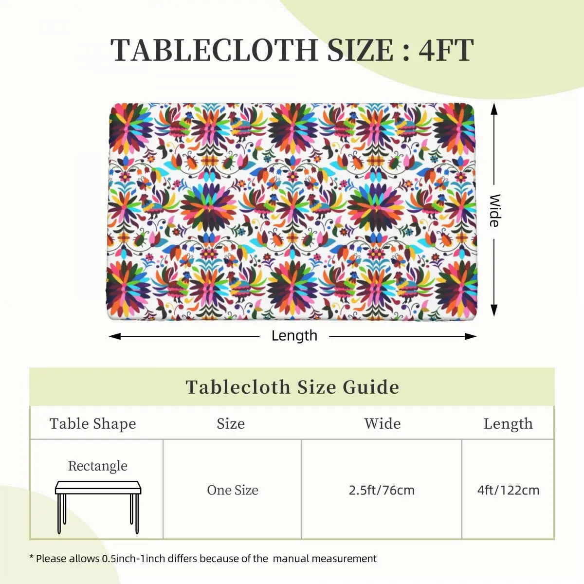 Custom Rectangular Waterproof Oil-Proof Mexican Otomi Birds Floral Embroidery Tablecloth Table  4FT Fit Folk Flowers Art Table