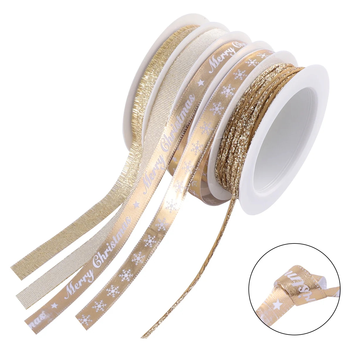 

5 Rolls Christmas Printed Ribbon White Gold Festive Decorative Band Ribbon for Gift Wrapping DIY Crafts Wedding Holiday