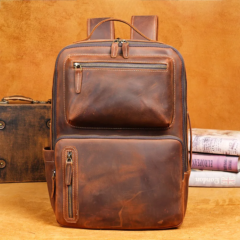 Crazy Horse Leather Double-shoulder Backpack, High-end Outdoor ,genuine Leather Laptop Bag