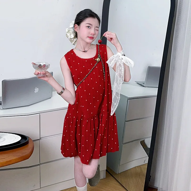 2026 thin Summer Teenager Girl Princess Kids sleeveless long Dresses Clothes Waist-tied tutu skirt polka dot 4 8 10 12 14 Year