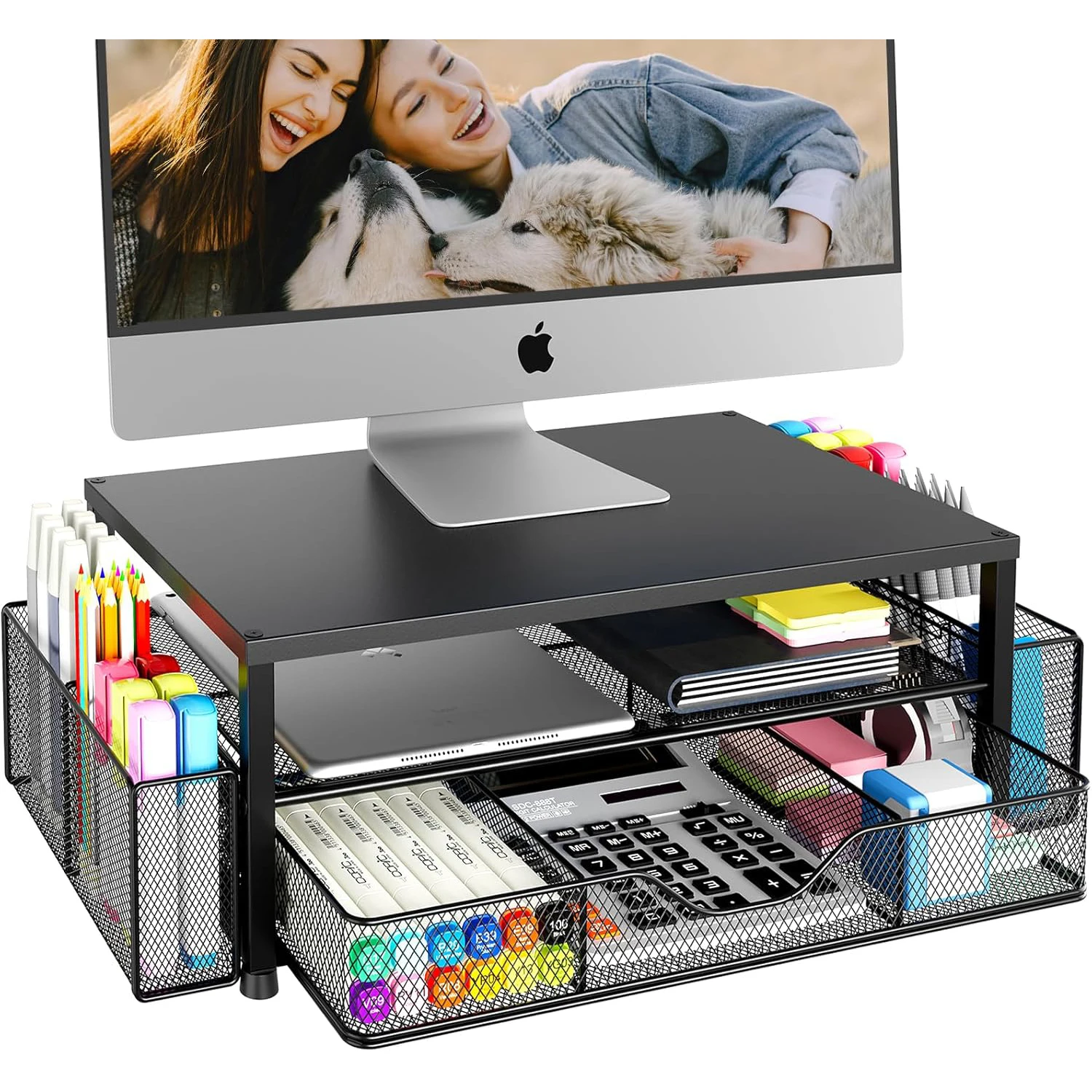 Desk Organizer and Accessories 2-Tier Computer Monitor Stand Riser with Drawer and 2 Pen Holders Office Desk Accessories