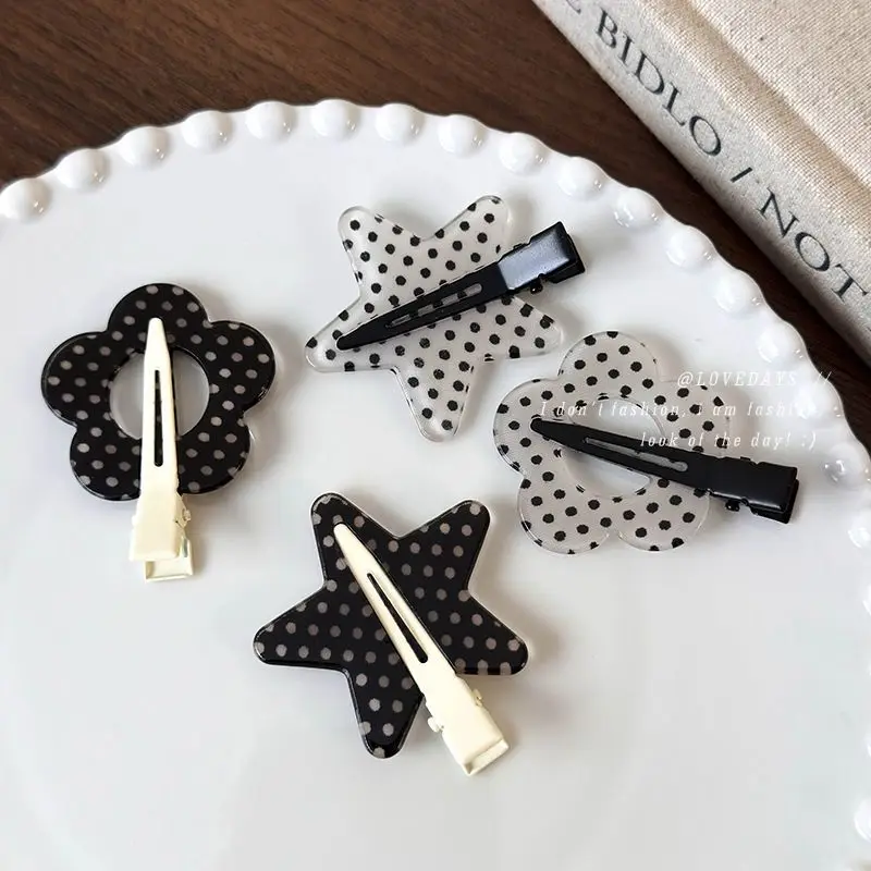 

Sweet Black White Polka Dot Acetate No Crease Side Bangs Hair Clip Floral Star Design for Women Girls Versatile Korean Fashion