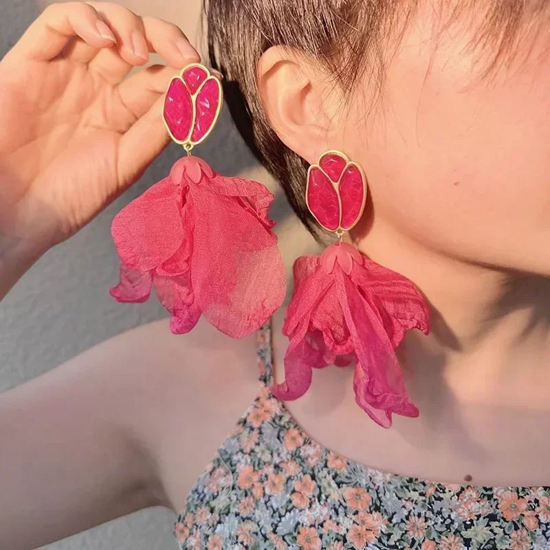 Handmade Silk Fabric Petal Flower Tassel Big Long Earrings For Bohemian Women Statement Jewelry Holiday Beach Dangle Pendientes