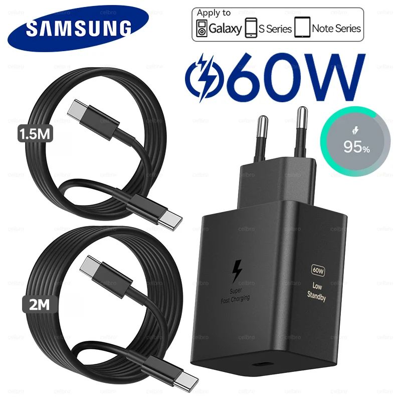 Cargador Rápido Original Samsung de 60W con Conector USB C y Cable USB C para Samsung S26 S25 S24 S23 S22 S21 Ultra Plus A57 A56 A36 A54 Adaptador