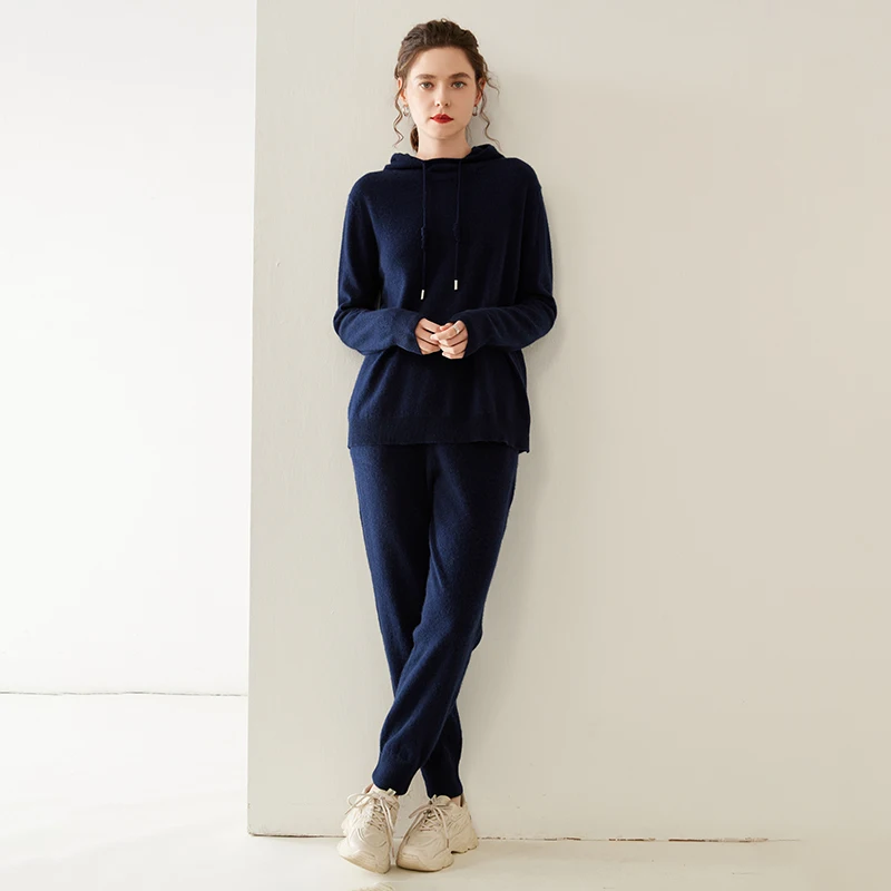 High Quality Fashion Suit Autumn Winter 100% Cashmere Knitted Sweater Women Tops And Harem Pants Two-Piece Female Girl Clothing