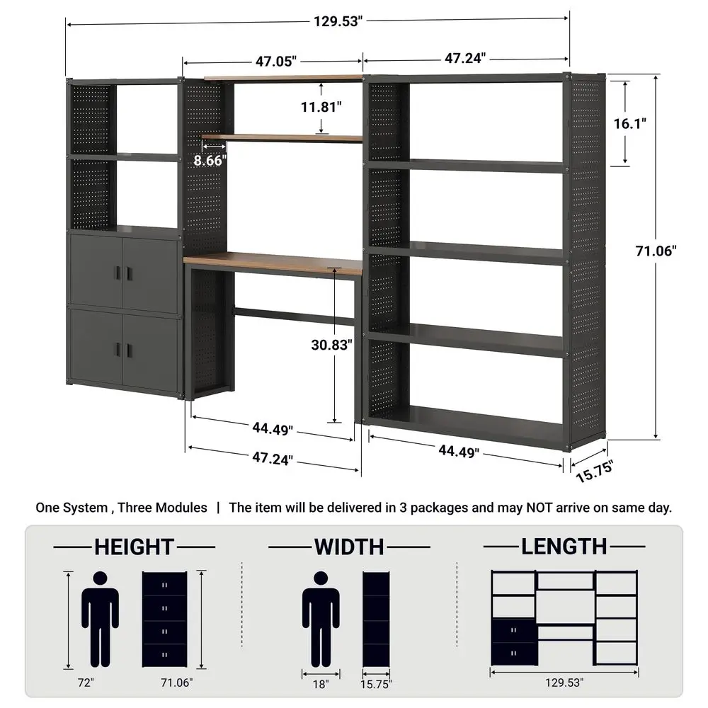 129L Modular Garage Storage Cabinet with Workbench, Black