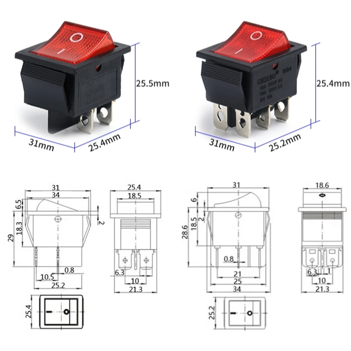 KCD4 Rocker Switch ON-OFF 2 Position 4 Pins 6 Pins 16A 250VAC 20A 125V Electrical Equipment With Light Power Button Cap