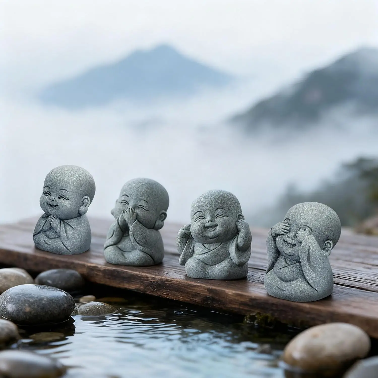 4Pcs Baby Buddha Statue Set, 2 Inch Mini Zen Monk, Sandstone Buddha for Desk Decor