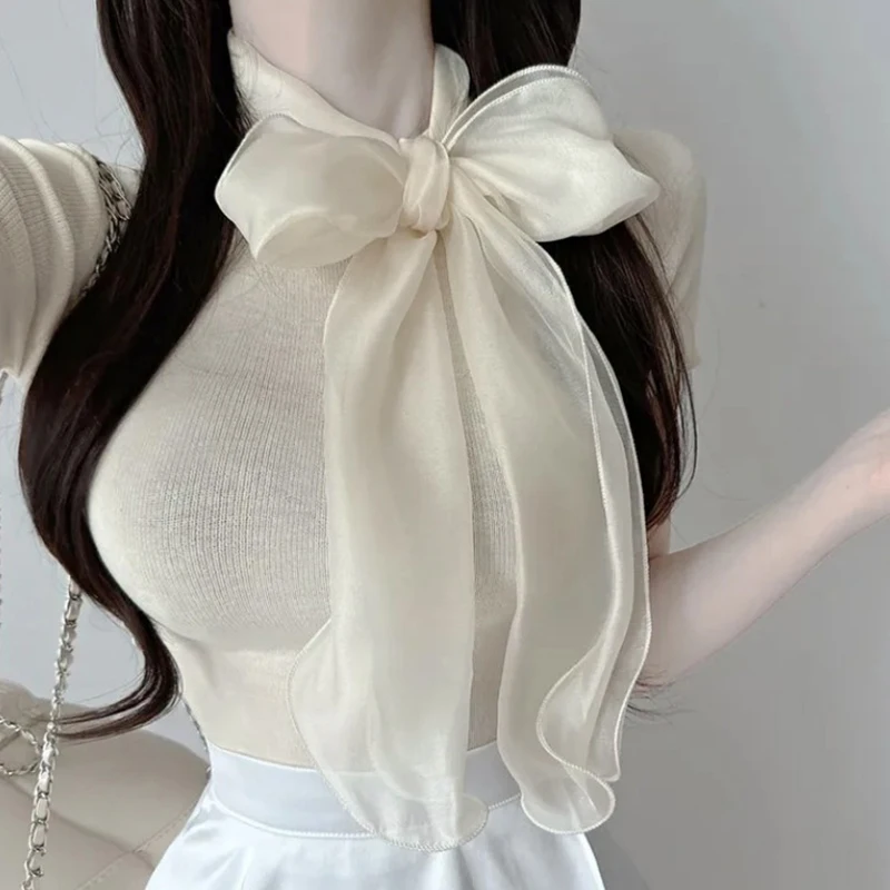Sexy Knot Knitted Short Sleeve T-Shirt Women's Soft Slim Fit Breathable Korean Style Polyester Blend Casual Top