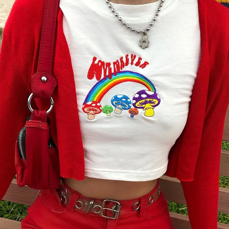 Women T-Shirt Y2k Crop Tops Tee Rainbow Print Cute Summer Korean Fashion Harajuku Streetwear Short Sleeve Aesthetic Clothes