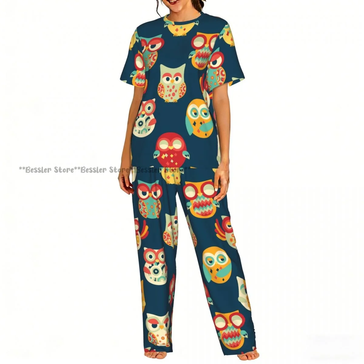 

Women Pajama Sets Lounge Sleepwear Owls Pattern Short Sleeve Nightwear