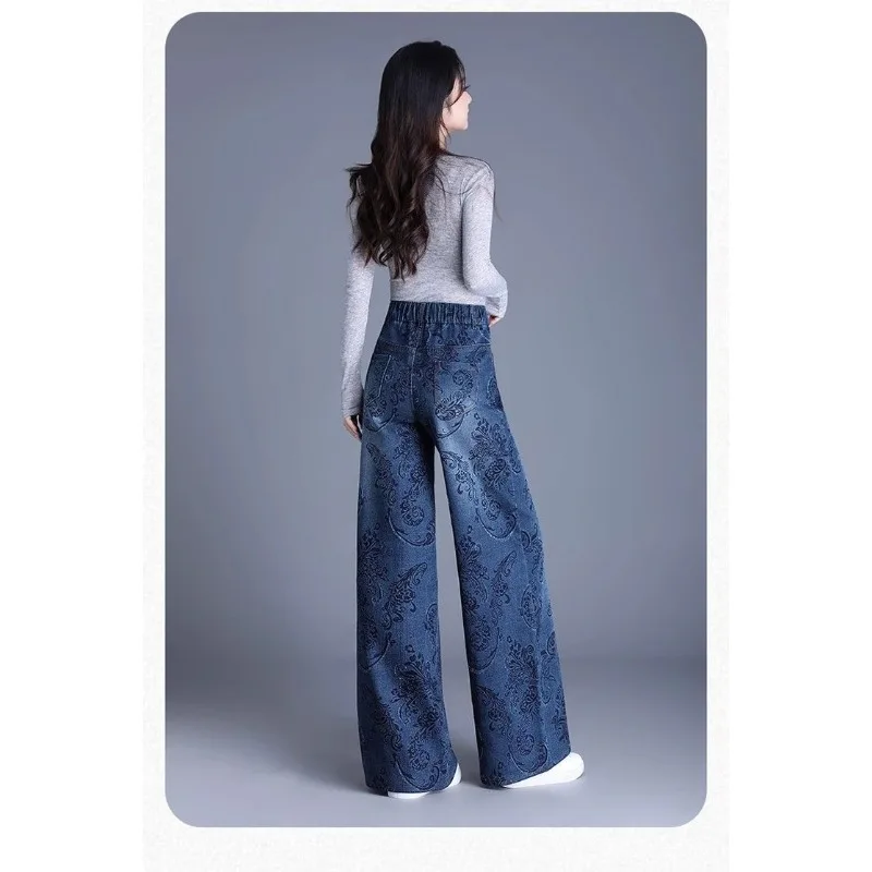 Nowe damskie spodnie jeansowe z nadrukiem, modne, jesienno-zimowe, wąskie, z wysokim stanem, z szerokimi nogawkami, damskie spodnie o prostych nogawkach.