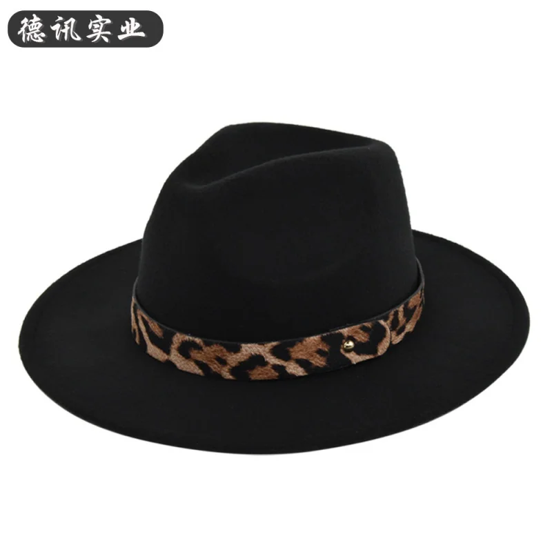 New Belt Woolen Leopard Print Fedora Retro Black Wool Cap Flat Brim Broad-Brimmed Hat