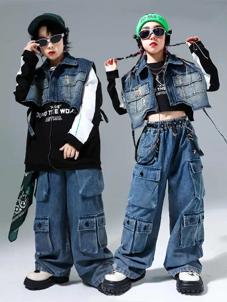 

Детские комплекты одежды: джинсовый жилет в стиле хип-хоп для девочек, укороченный топ, джинсы карго, брюки с градиентом для мальчиков, уличная одежда для детей