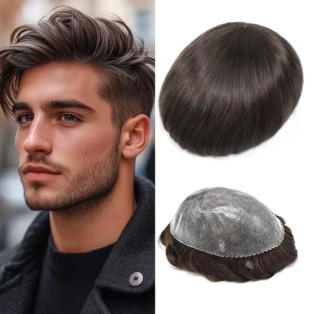 

【TIMIA】Мужской парик из натуральных волос с мягкой основой из ПУ-кожи, с одним узлом, с кожаной основой 8x10 дюймов, прямой, для замены волос (мужской) # 3 коричневых)