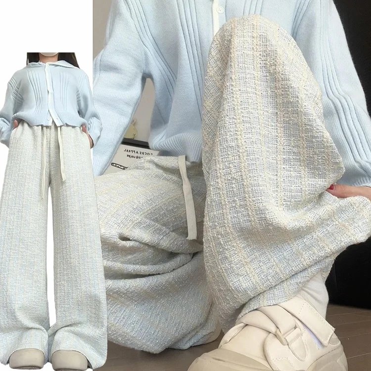 Blue High Waist Drapey Casual Pants Anti-Aging for Women Autumn Winter New Sle Small Size Slimming Floor-Length Trousers