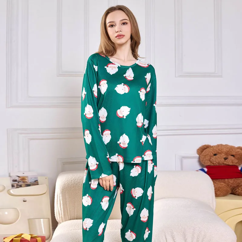 Large Size Sleepwear Women Cartoon Printing Santa Claus School Pyjamas Two-Piece Set Long-Sleeved Trousers Christmas Home Wear