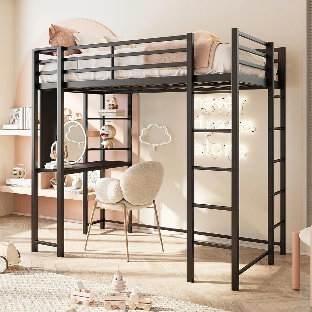 Cama alta de metal con escritorio, cama alta de tamaño completo con 2 escaleras integradas y protector de seguridad, sin ruido para dormitorio pequeño