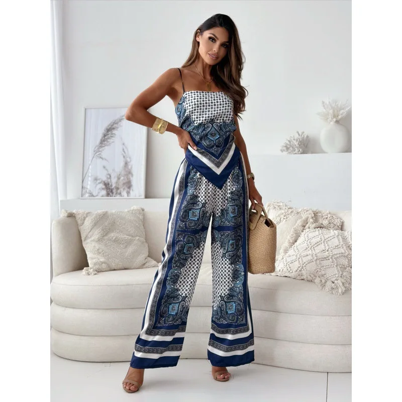 Women New Printed Sleeveless Camis Tank Top High Waist Long Pants Summer Fashion 2pcs Clothes Set