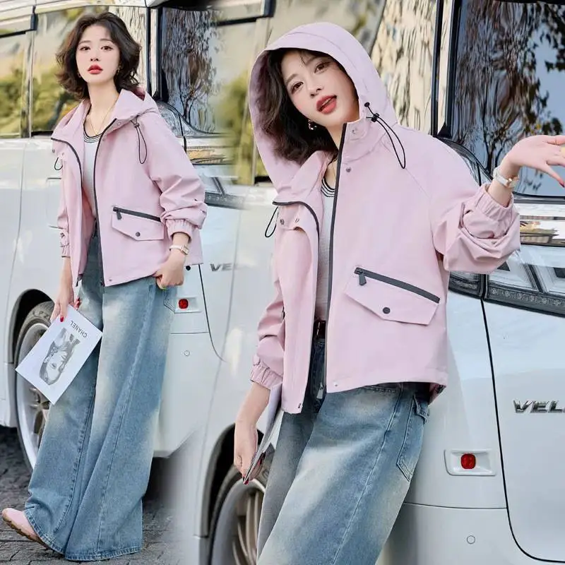 

Women's 2025 Spring Autumn Short Jacket Fashion Casual Hooded Windbreaker Korean Style Long Sleeve Chic Outerwear Coat Female
