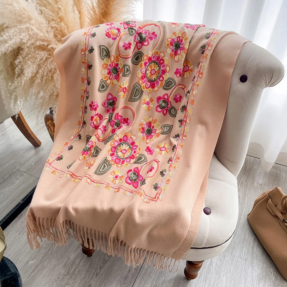 

Cashmere Feel Women Scarf Warm Texture Embroider Flower Floral Embroidered Shawl Ethnic Style Versatile Cashmere Scarf