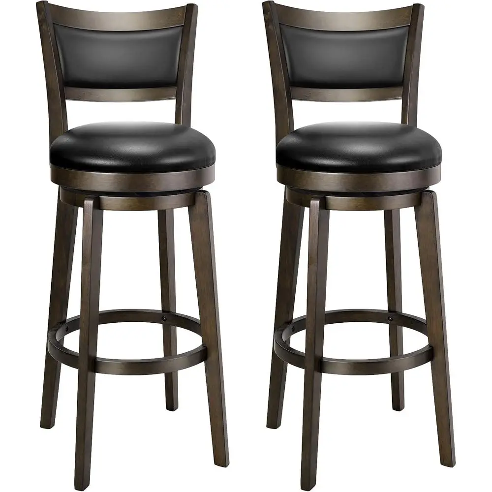 

Set of 2, 32 High Backrest Black Faux Leather Swivel Bar Stools with Solid Wood Legs