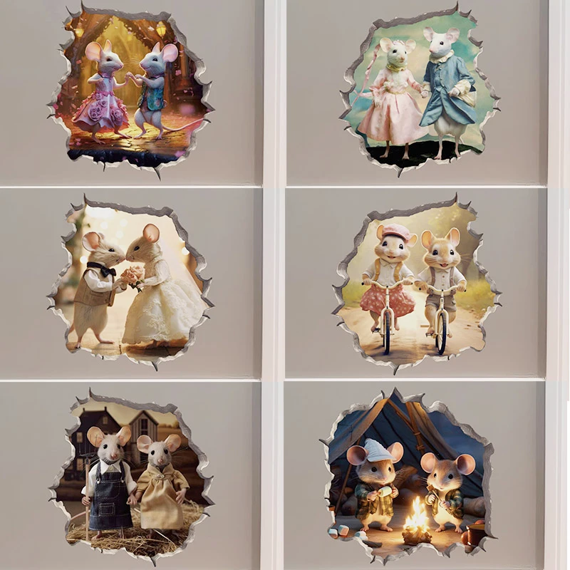 M456 A Night on the Town Dancing Mouse Couple in Mouse Hole Decal - Mouse Hole 3D Wall Sticker