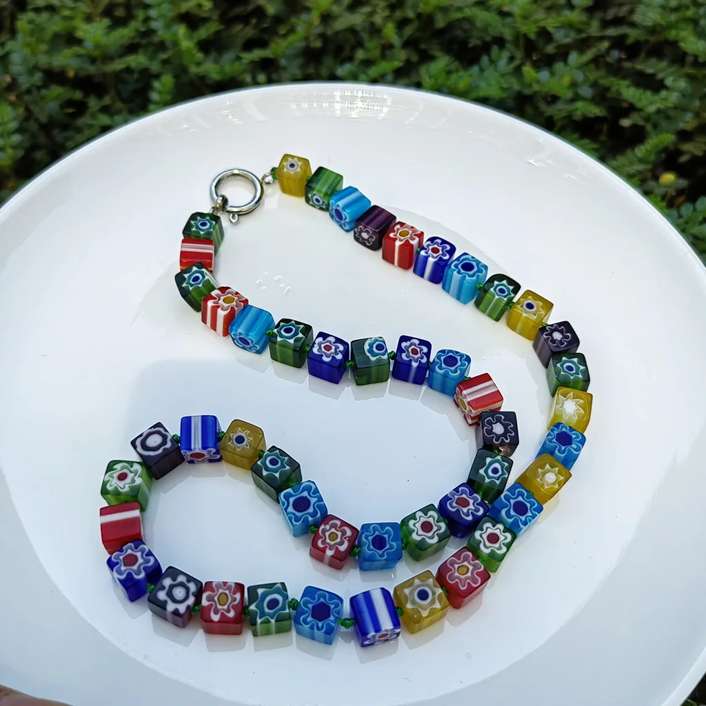 1PCS 8MM Fashion Square Thousand Flower Glass Necklace Handmade DIY Weaving Women's Jewelry Short Chain